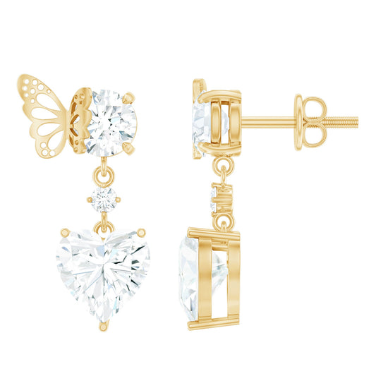 4 CT Heart Shape Moissanite Drop Earrings with Butterfly
