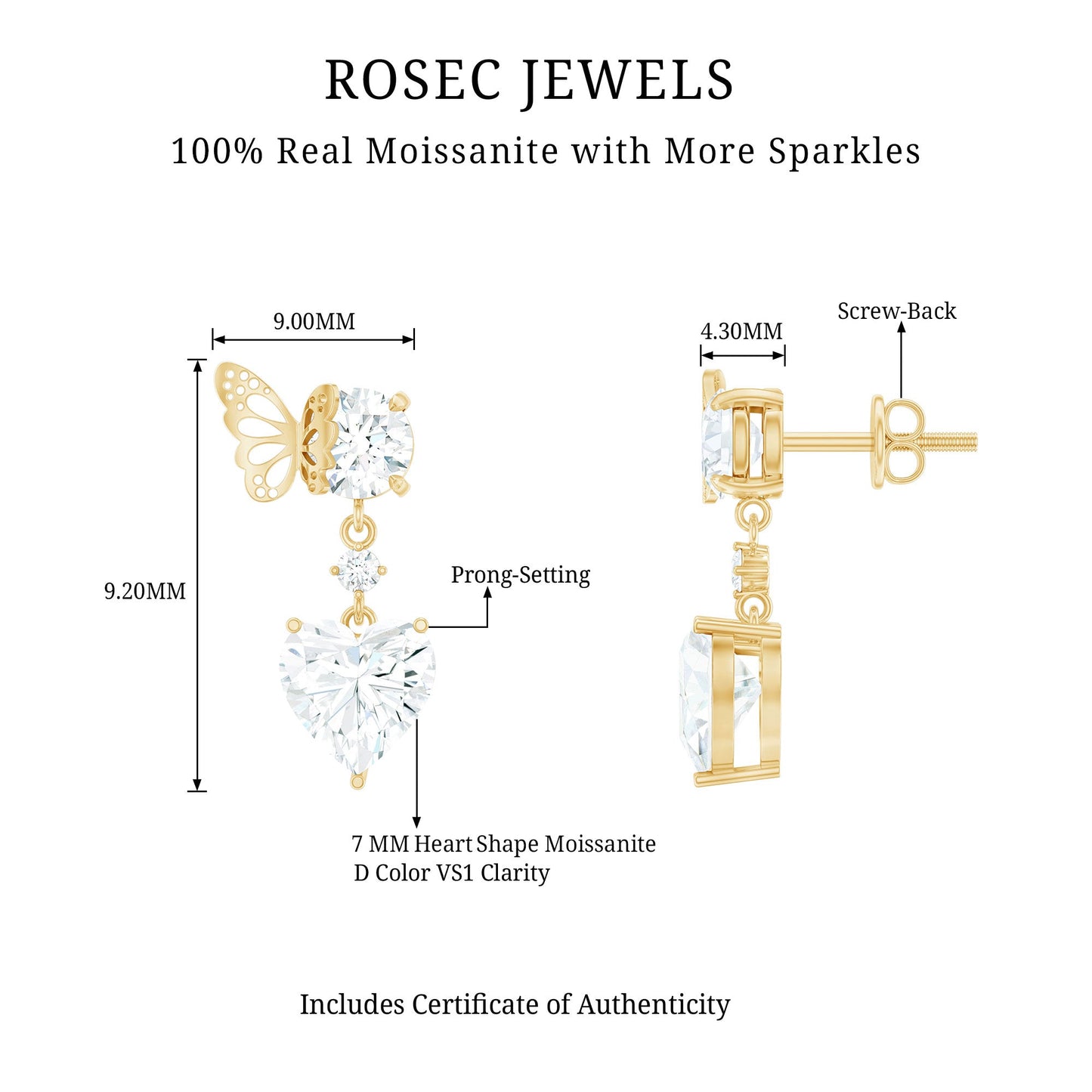 4 CT Heart Shape Moissanite Drop Earrings with Butterfly