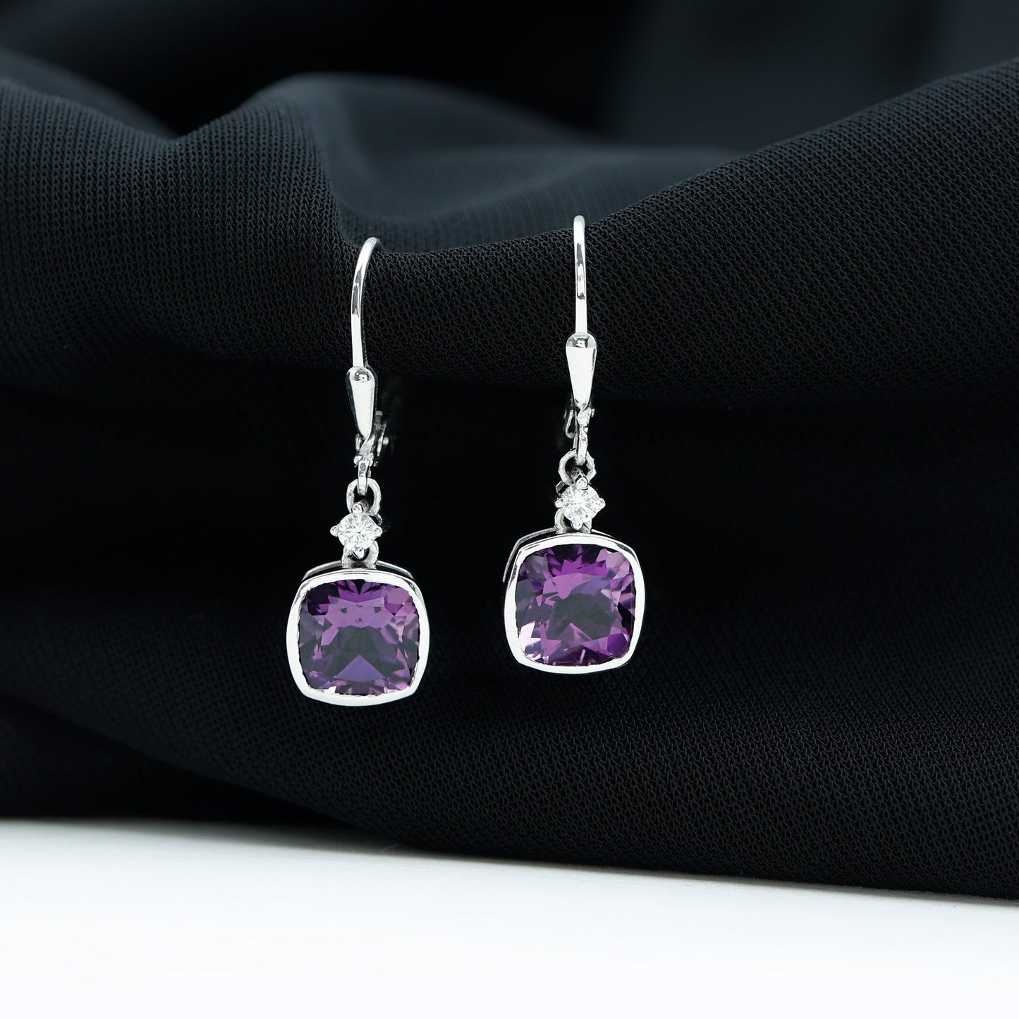 4.2 Carat Cushion Cut Amethyst and Diamond Drop Earrings
