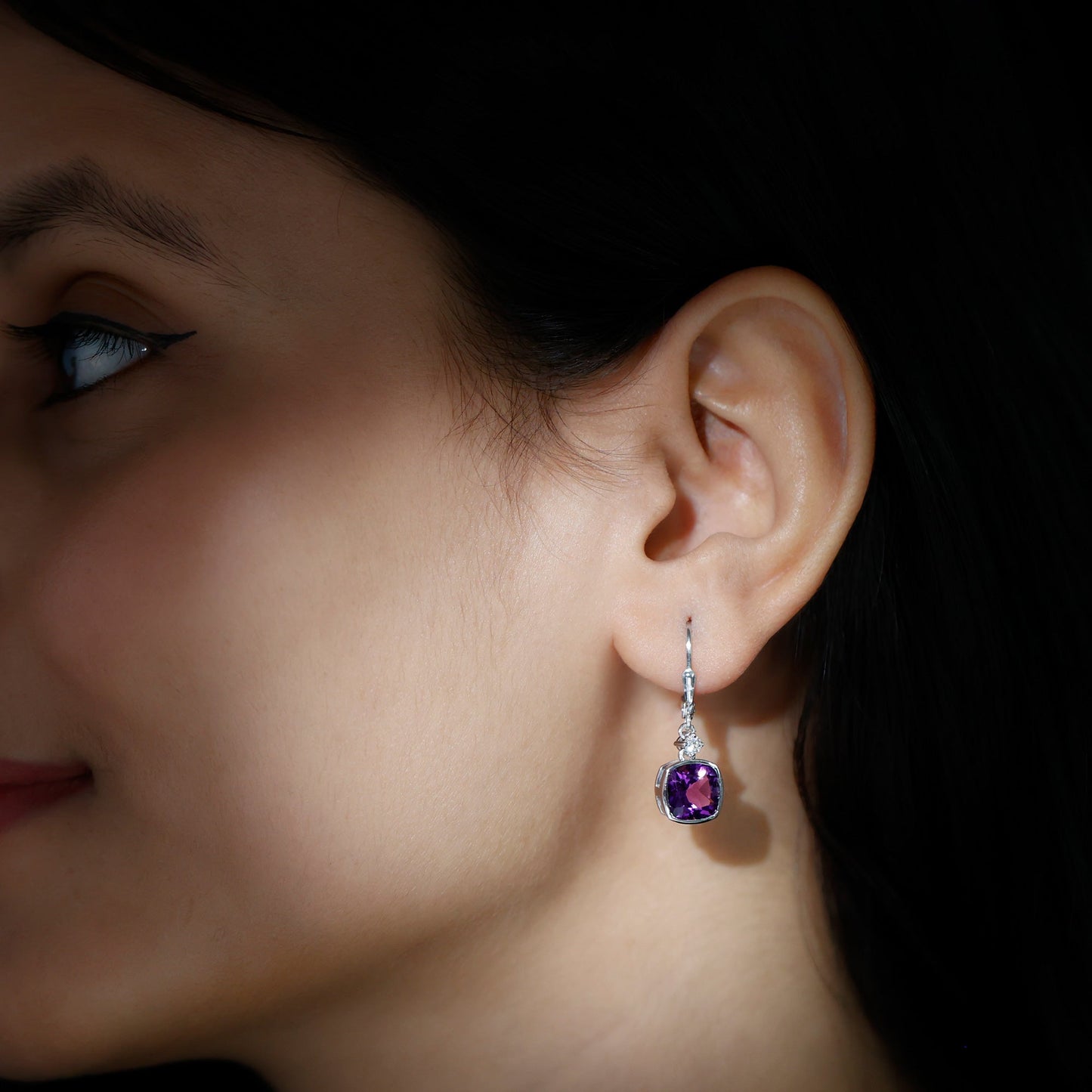 4.2 Carat Cushion Cut Amethyst and Diamond Drop Earrings