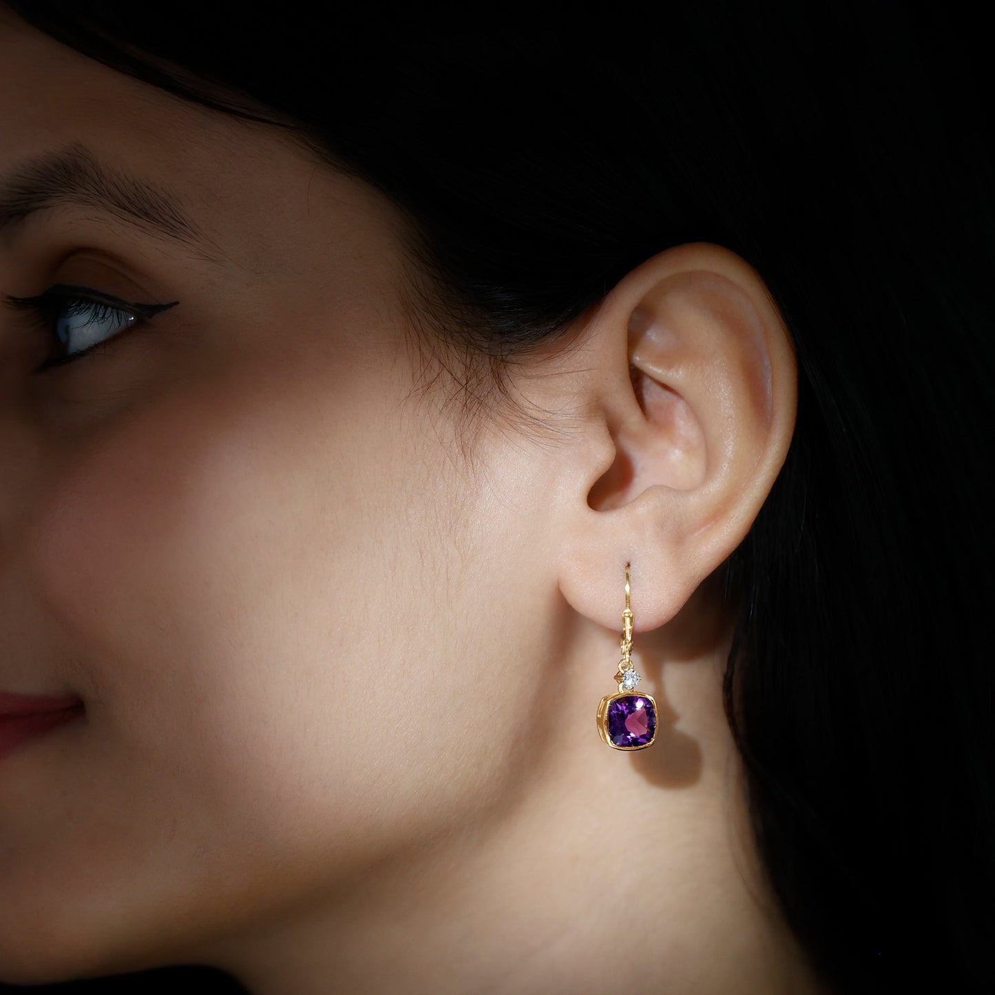 4.2 Carat Cushion Cut Amethyst and Diamond Drop Earrings