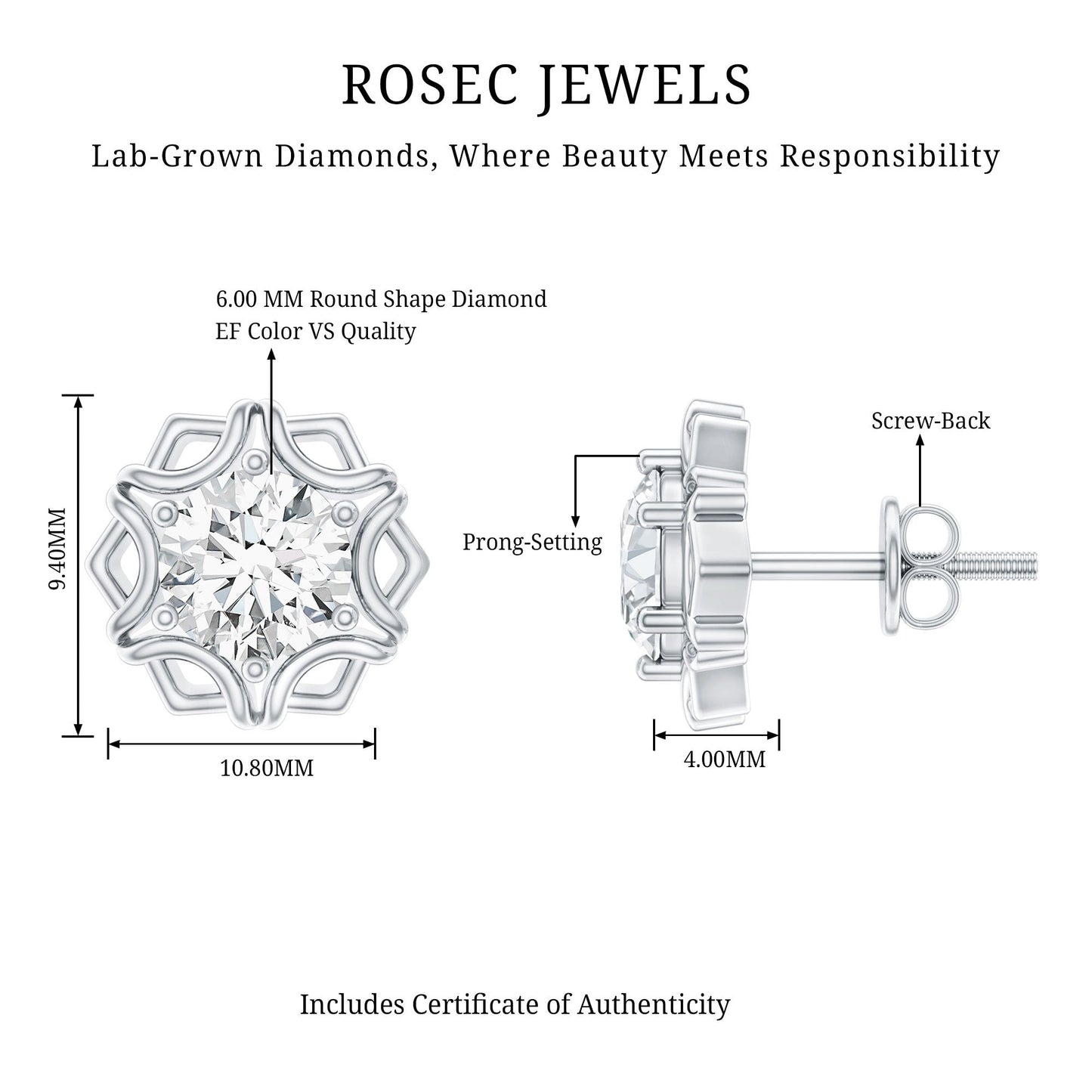 Lab Grown Diamond 1 Carat Stud Earrings With Screw Back