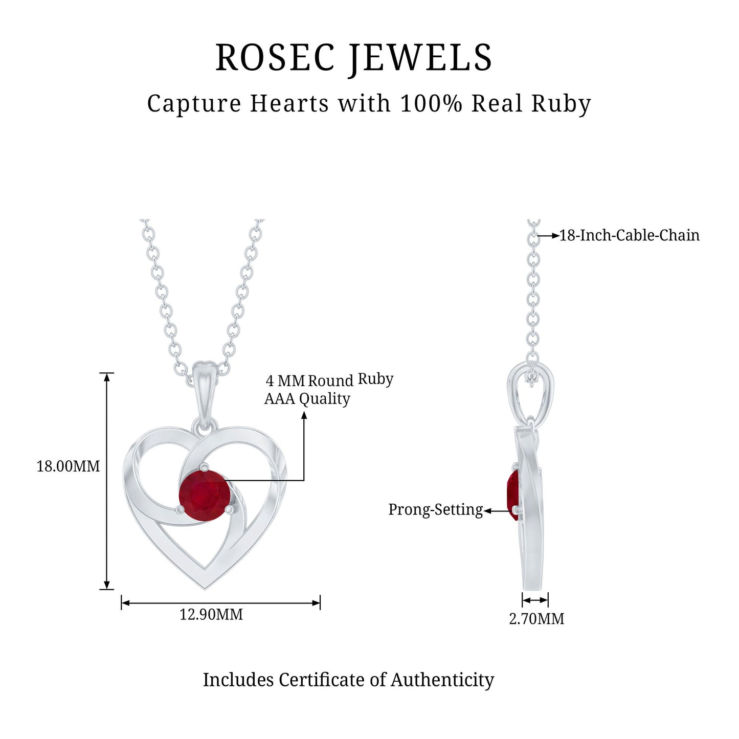 4 MM Round Cut Solitaire Ruby Heart Pendant Necklace