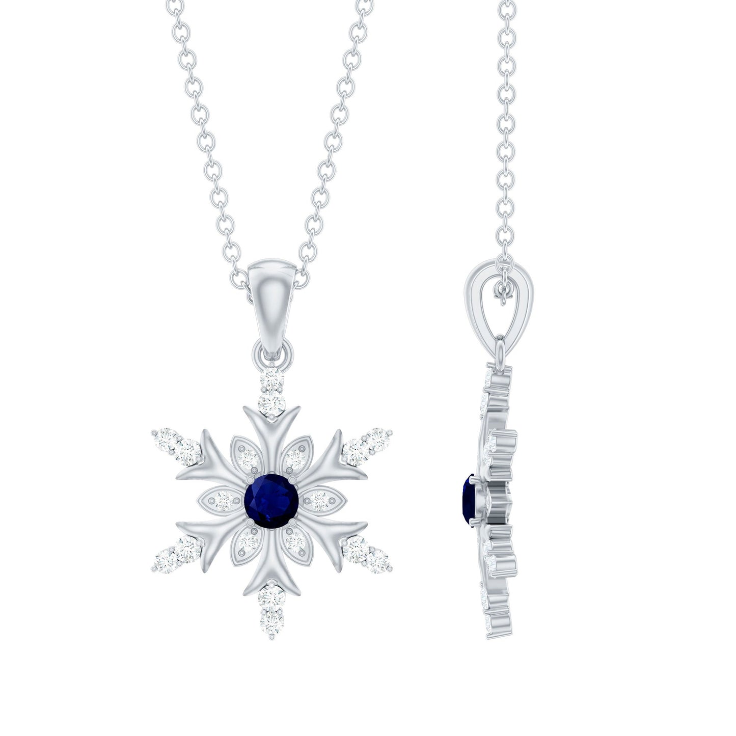 Contemporary Blue Sapphire and Diamond Snowflake Pendant Necklace