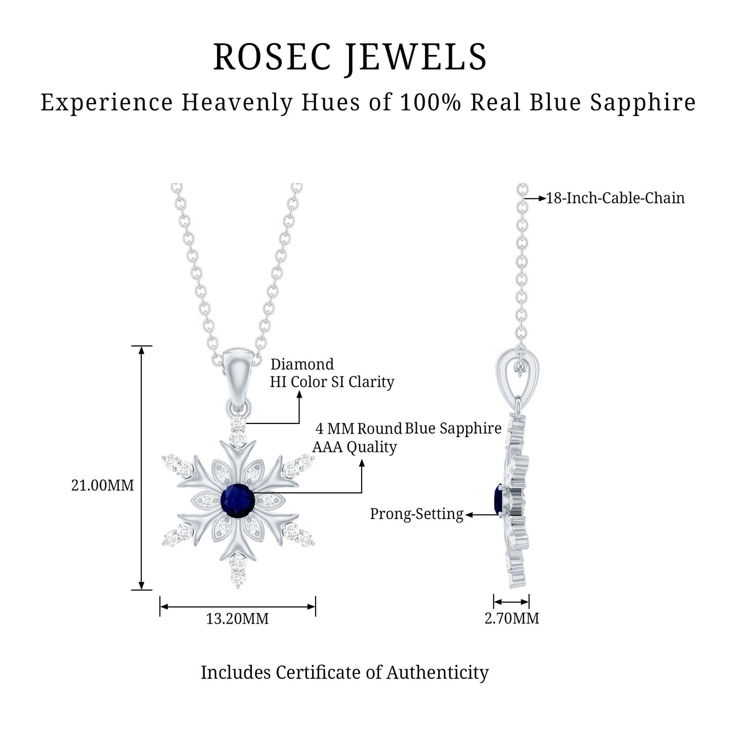 Contemporary Blue Sapphire and Diamond Snowflake Pendant Necklace