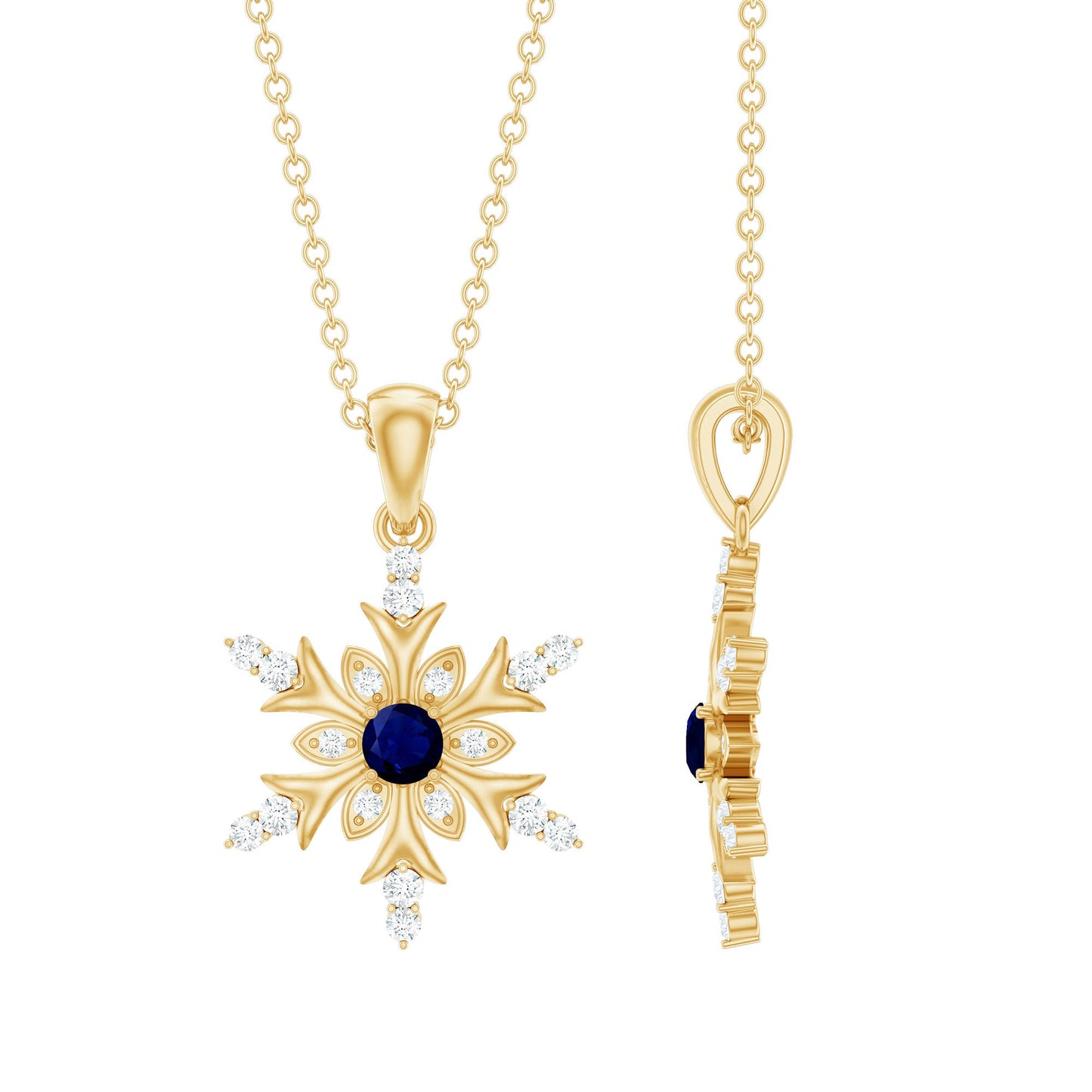 Contemporary Blue Sapphire and Diamond Snowflake Pendant Necklace