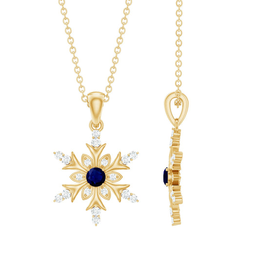 Contemporary Blue Sapphire and Diamond Snowflake Pendant Necklace