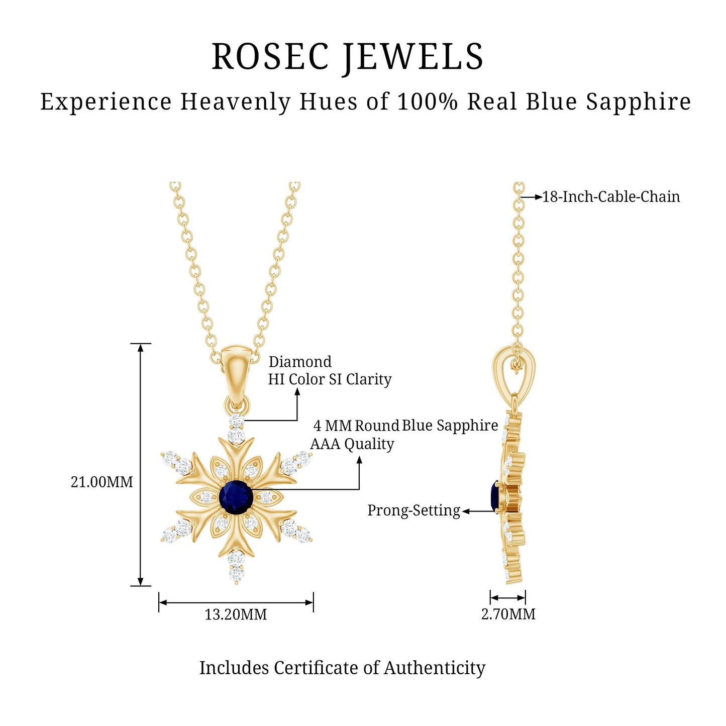 Contemporary Blue Sapphire and Diamond Snowflake Pendant Necklace