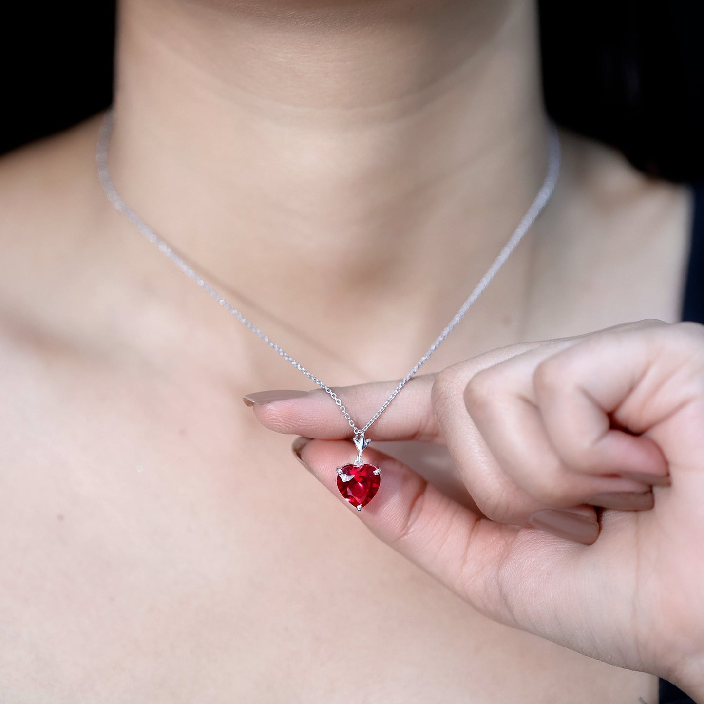 10 MM Lab Grown Ruby Solitaire Heart Necklace