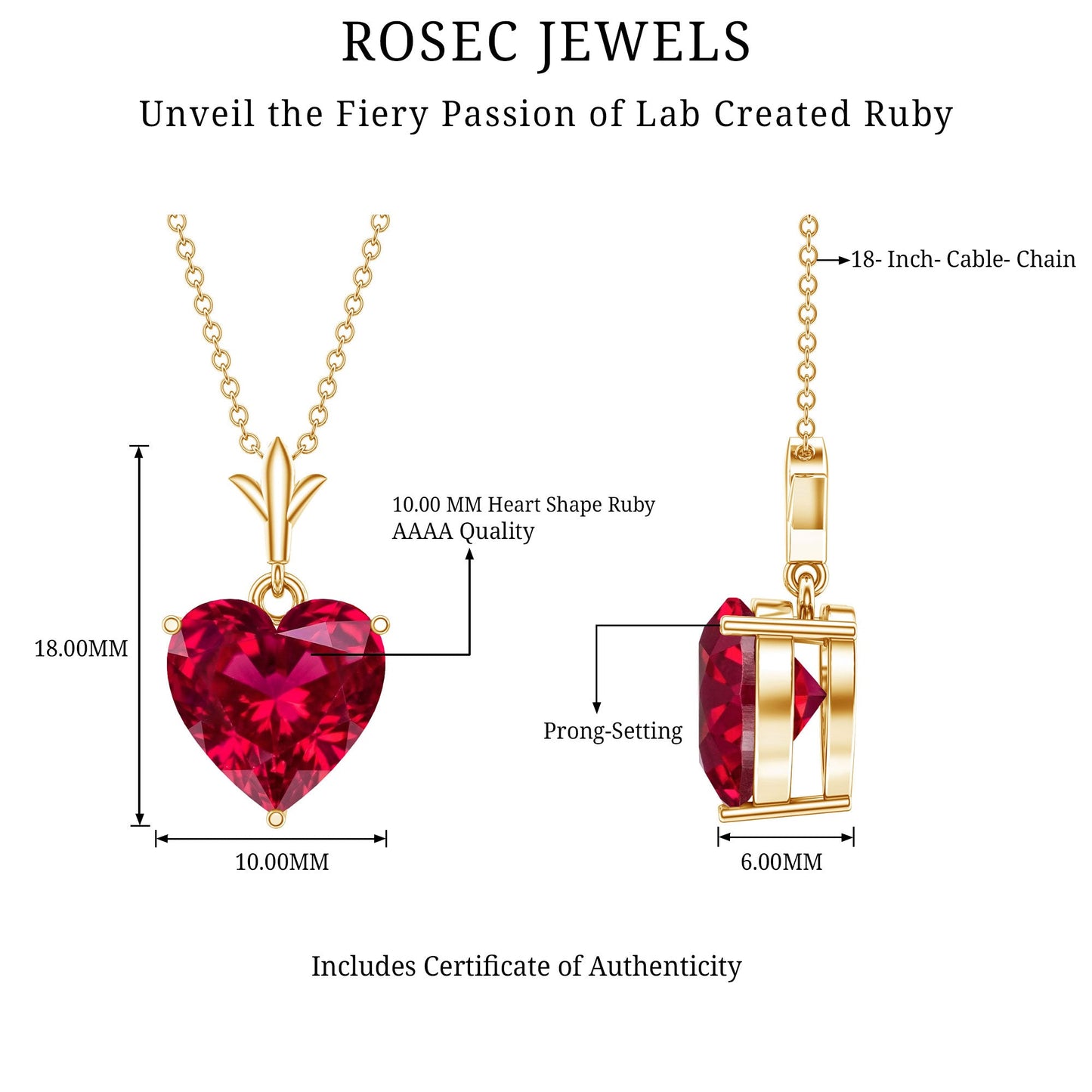 10 MM Lab Grown Ruby Solitaire Heart Necklace