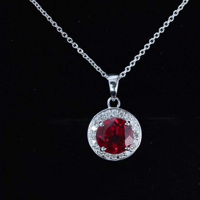 Lab Grown Ruby Round Halo Necklace with Moissanite