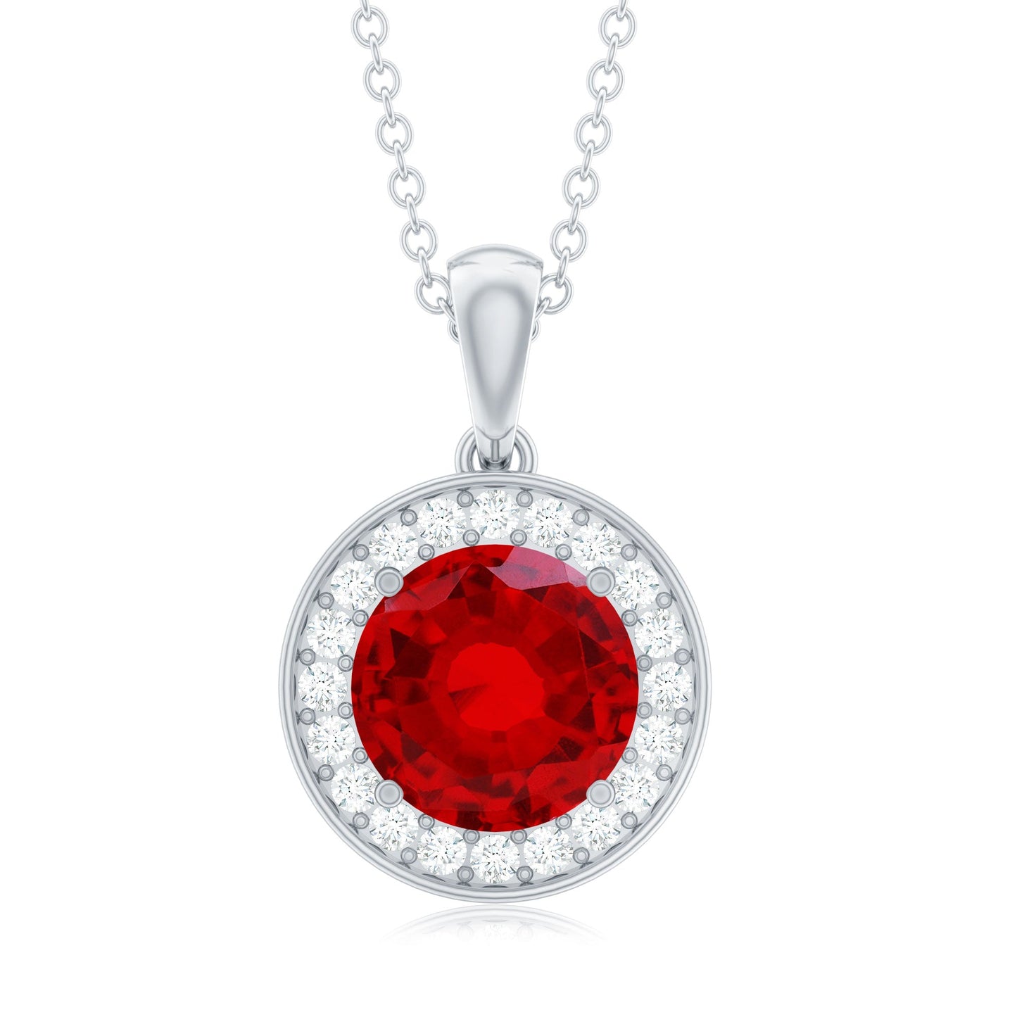 Lab Grown Ruby Round Halo Necklace with Moissanite