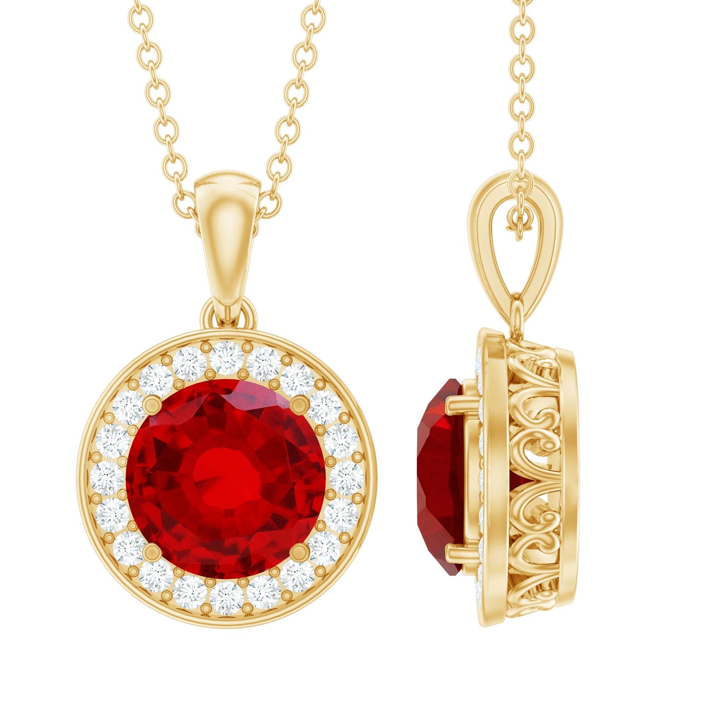 Lab Grown Ruby Round Halo Necklace with Moissanite