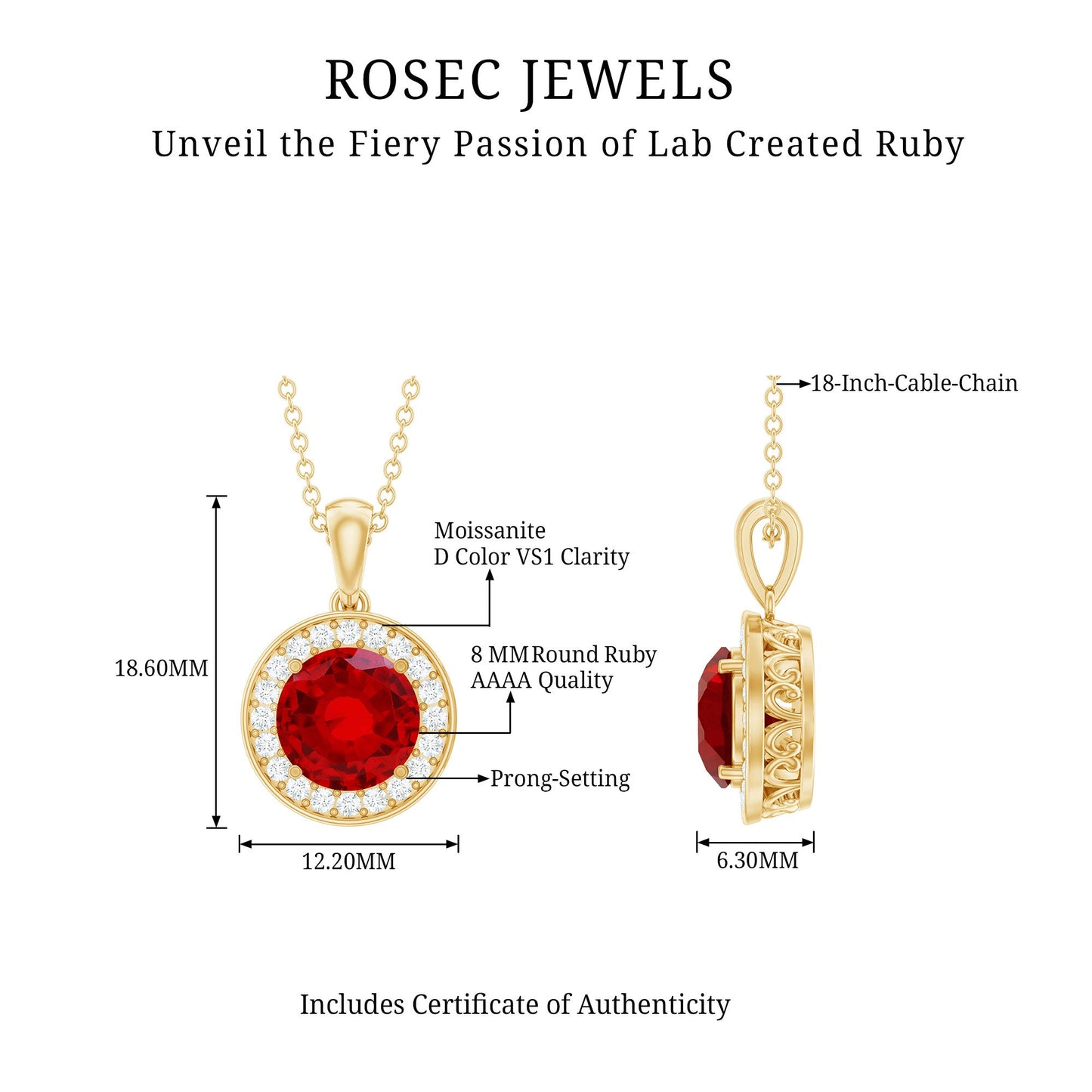 Lab Grown Ruby Round Halo Necklace with Moissanite