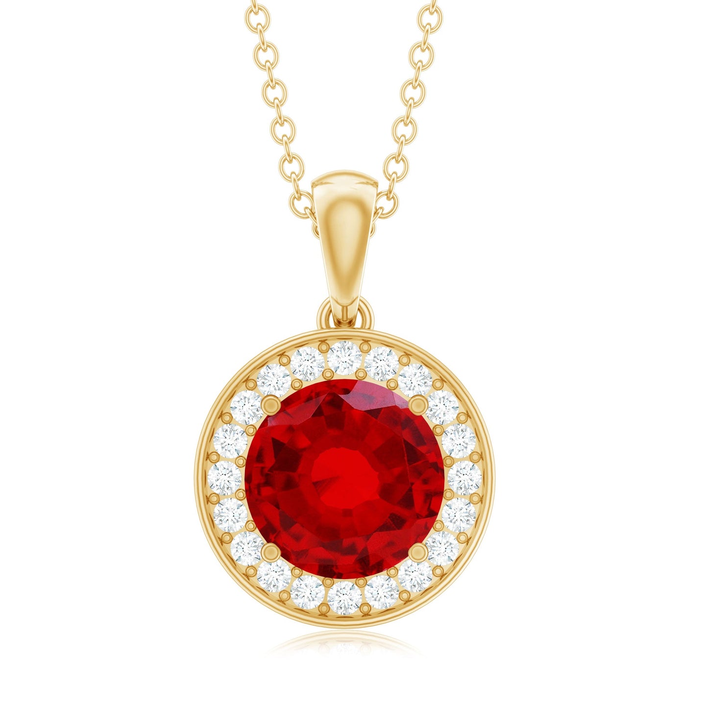 Lab Grown Ruby Round Halo Necklace with Moissanite