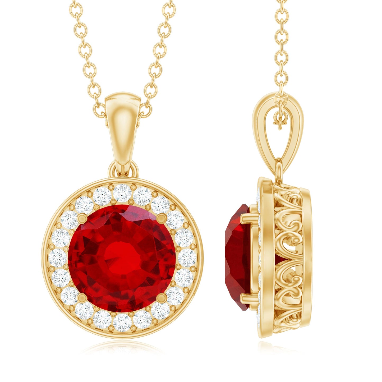 Lab Grown Ruby Round Halo Necklace with Moissanite