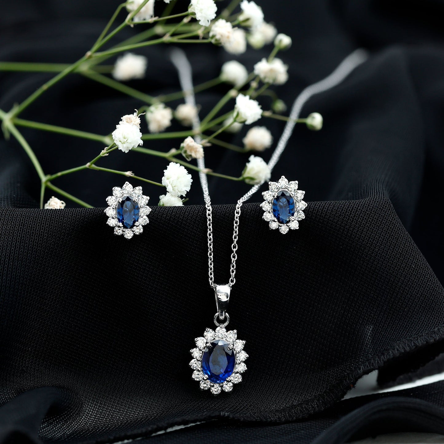 Classic Oval Cut Created Blue Sapphire and Moissanite Halo Jewelry Set