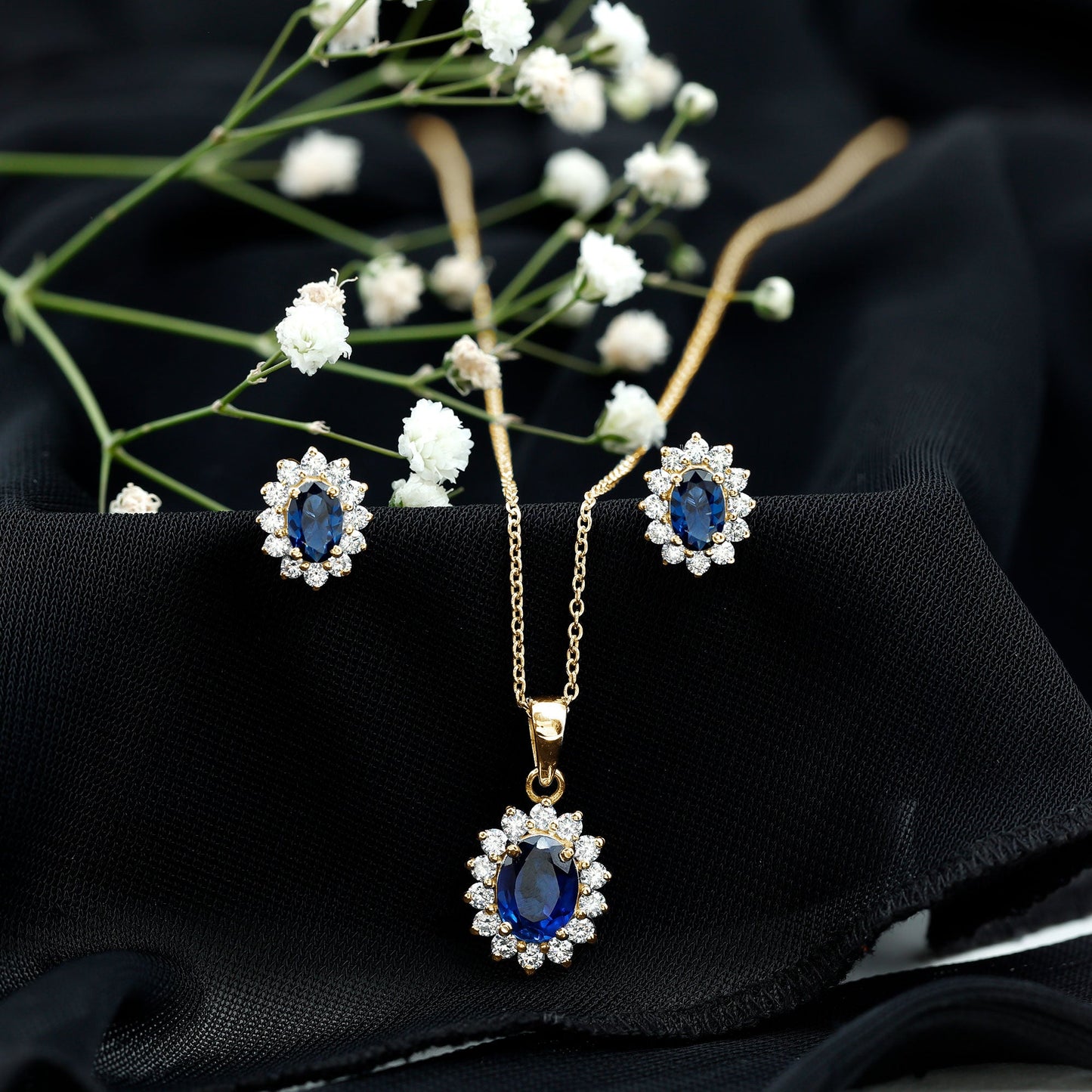 Classic Oval Cut Created Blue Sapphire and Moissanite Halo Jewelry Set