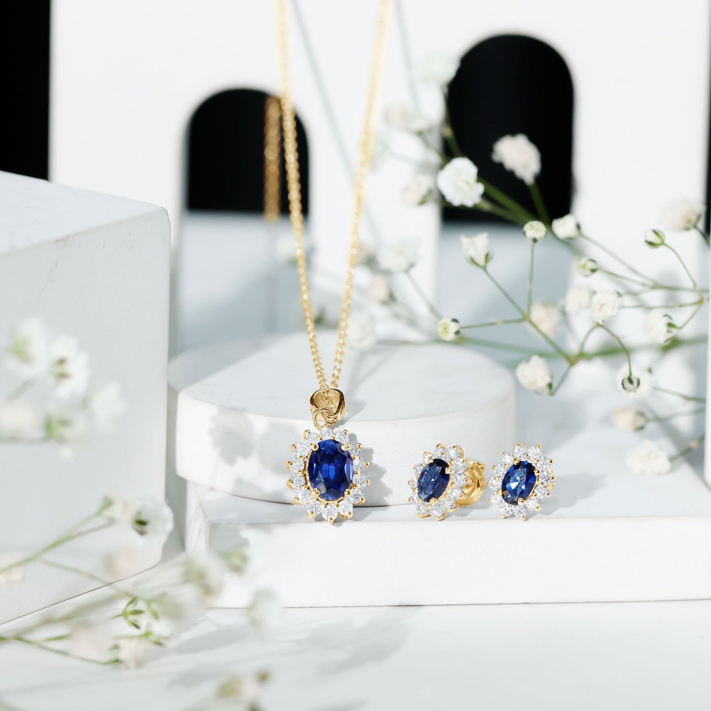 Classic Oval Cut Created Blue Sapphire and Moissanite Halo Jewelry Set