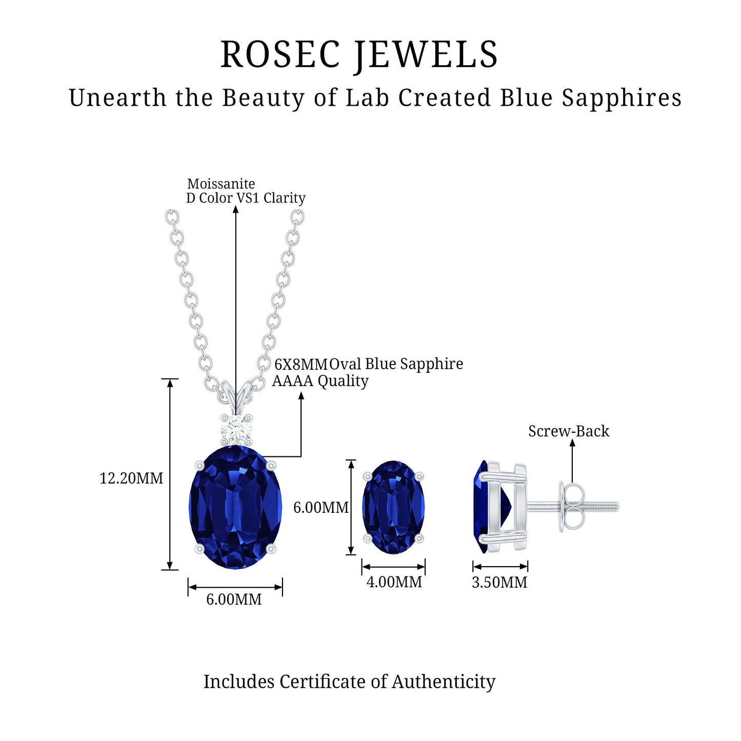 Lab Grown Blue Sapphire Solitaire Jewelry Set with Moissanite