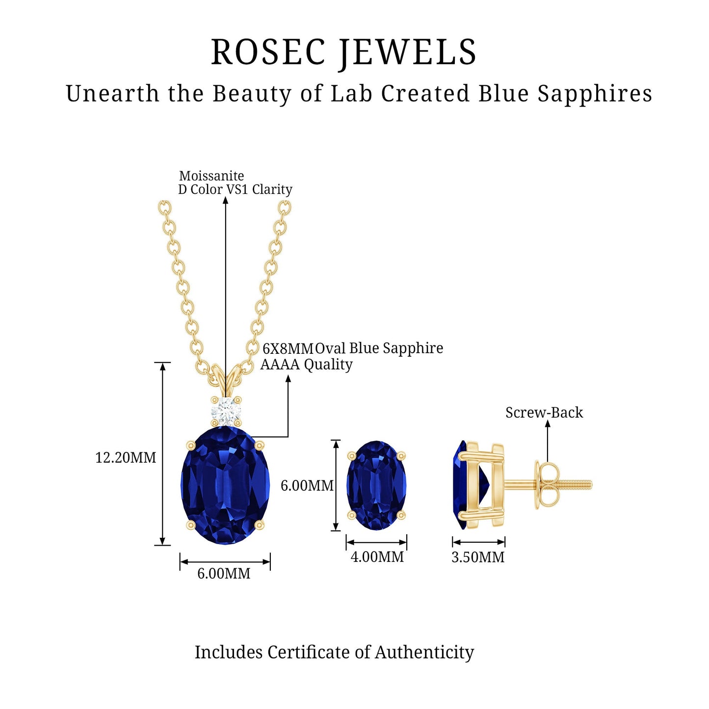 Lab Grown Blue Sapphire Solitaire Jewelry Set with Moissanite