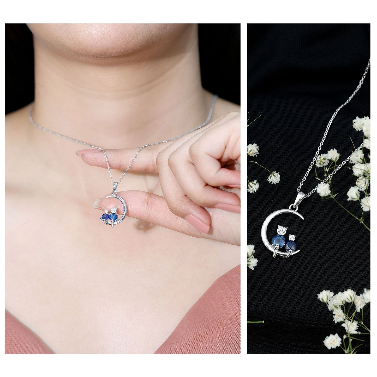 Genuine Blue Sapphire and Diamond Cat On Moon Necklace With Chain