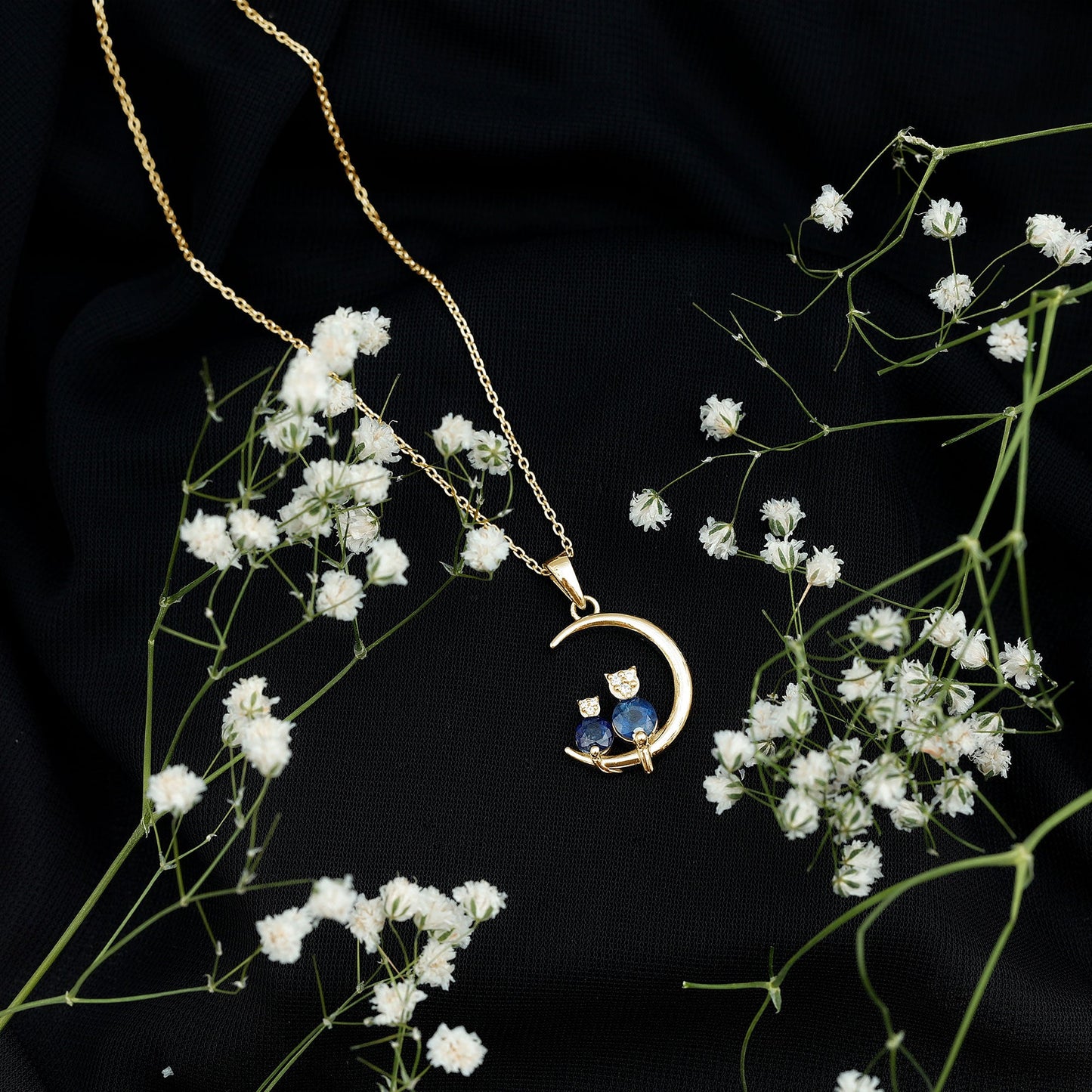 Genuine Blue Sapphire and Diamond Cat On Moon Necklace With Chain
