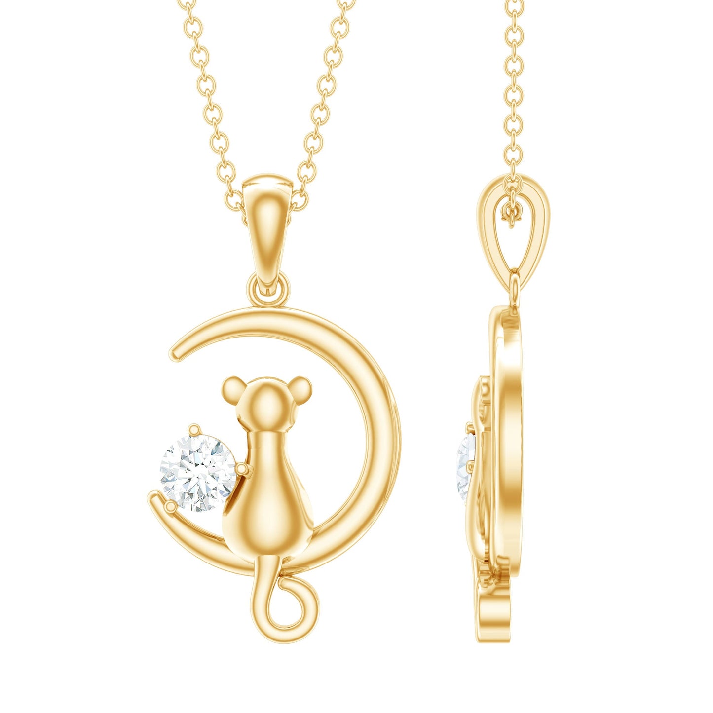 Certified Diamond Cat on Moon Necklace
