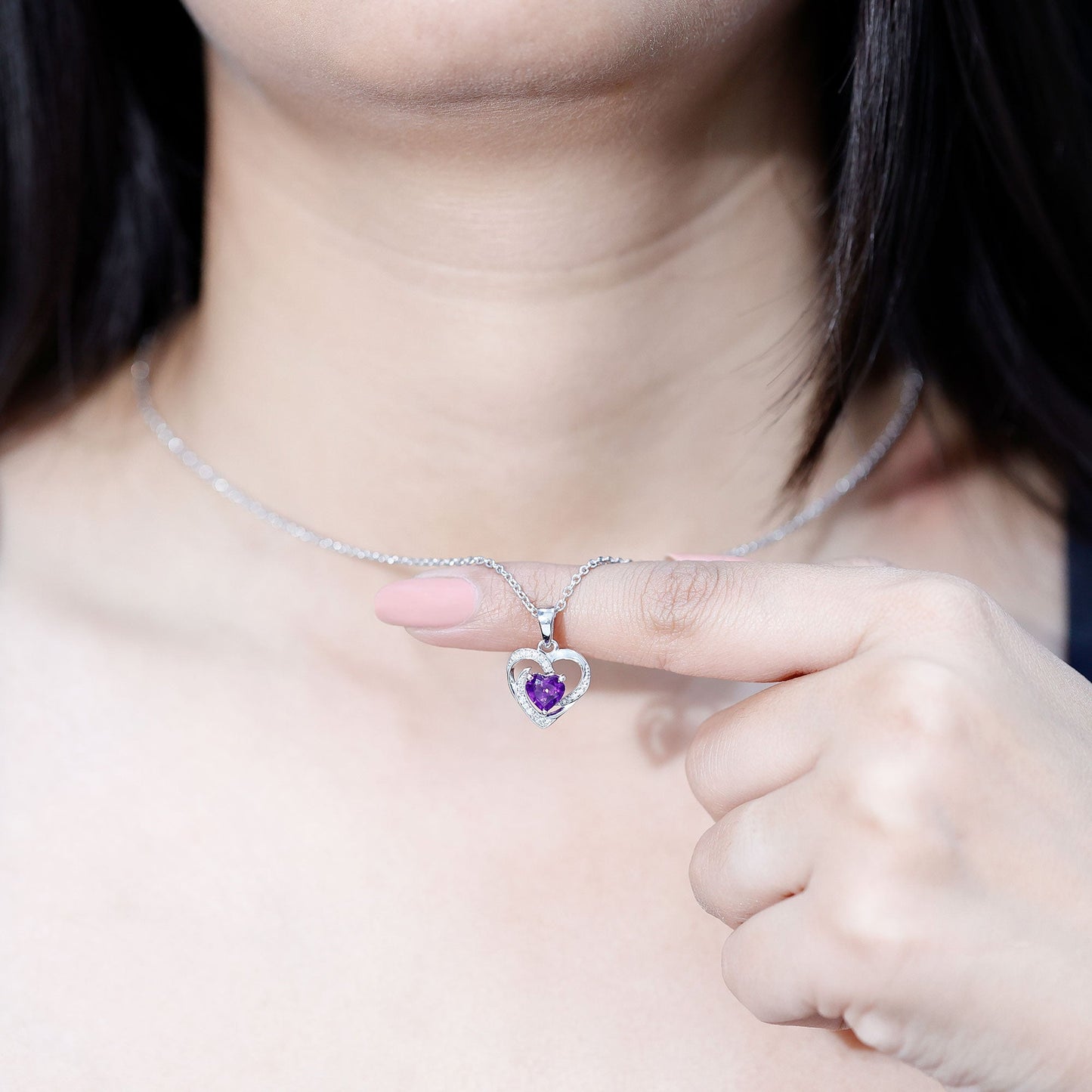 Natural 1 Carat Amethyst Heart Pendant Necklace with Diamond