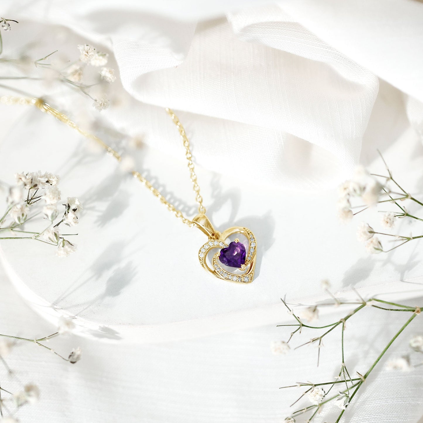 Natural 1 Carat Amethyst Heart Pendant Necklace with Diamond