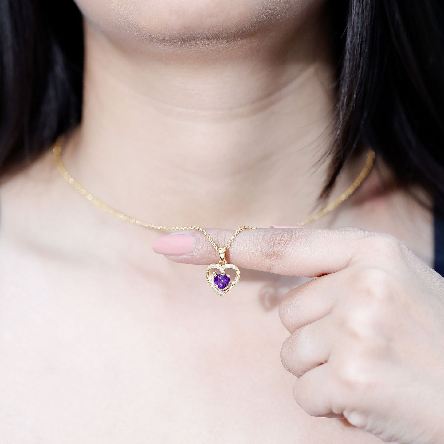 Natural 1 Carat Amethyst Heart Pendant Necklace with Diamond