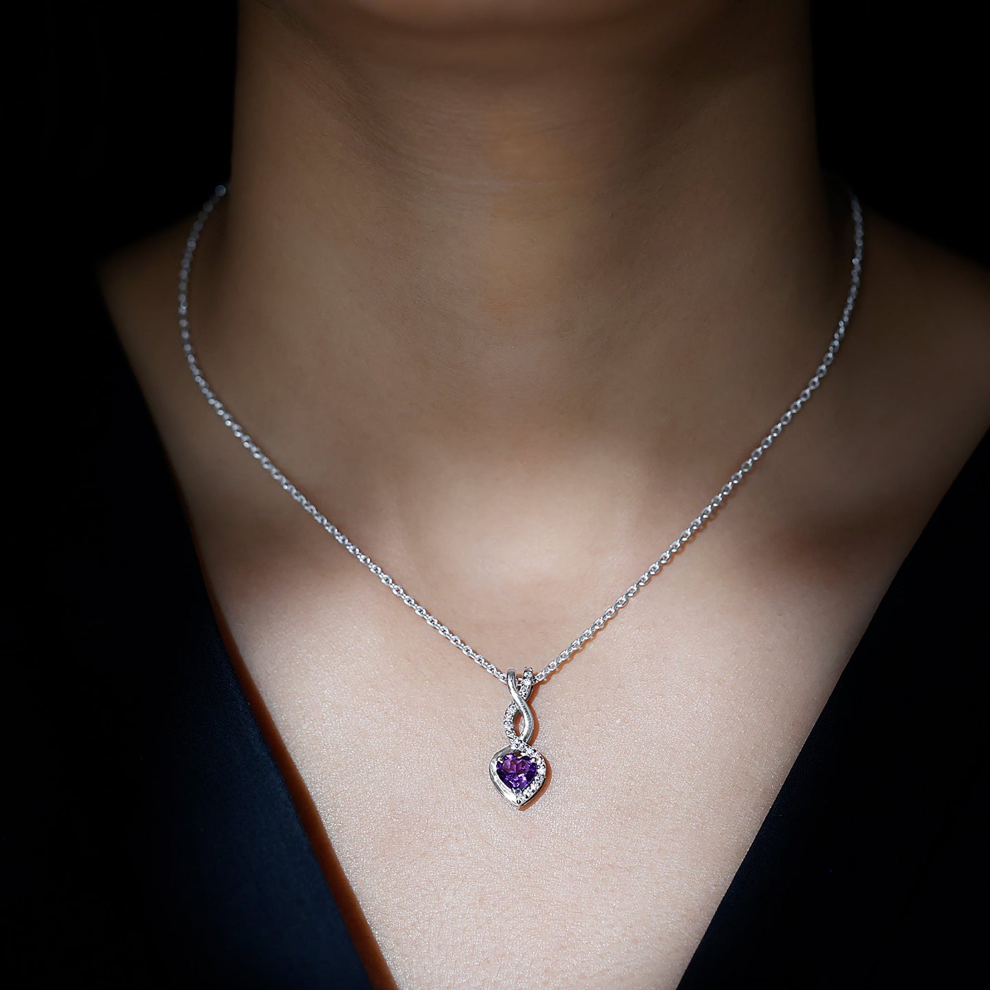 Certified 2 Carat Amethyst Infinity Heart Necklace with Silver Chain