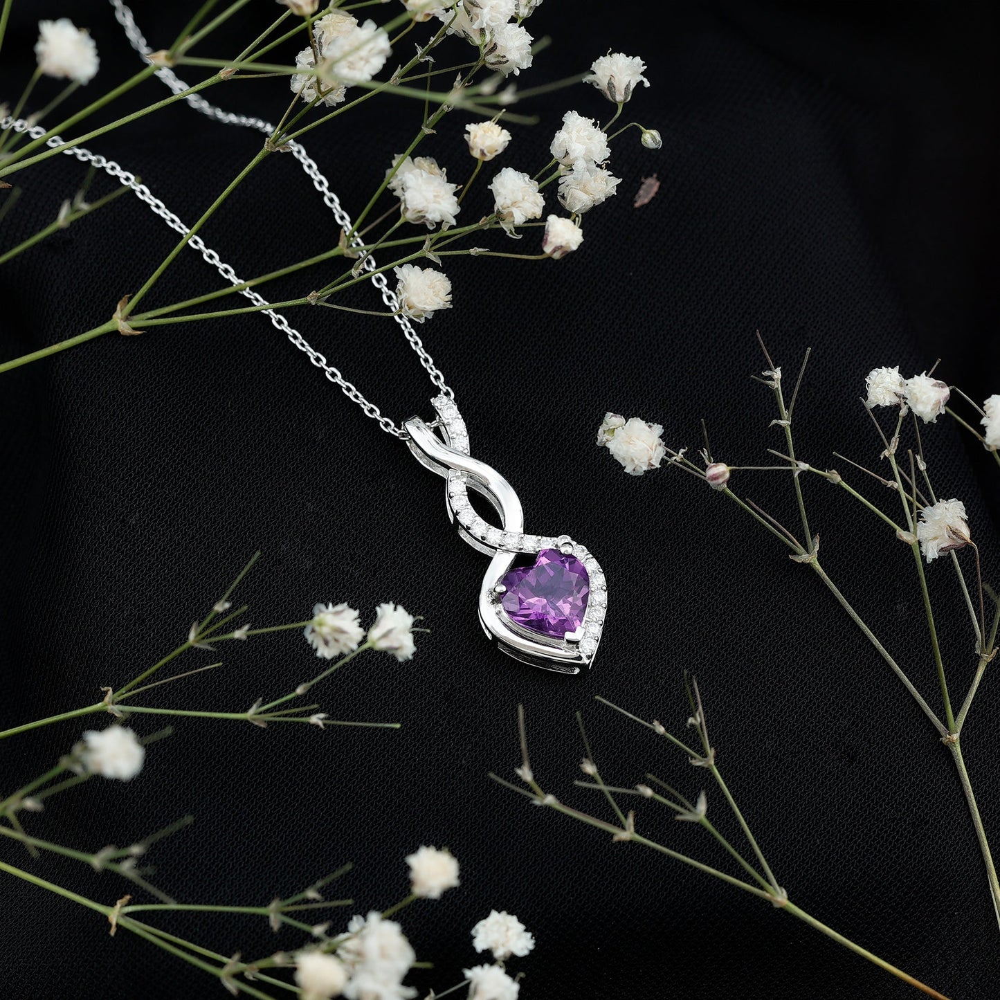 Certified 2 Carat Amethyst Infinity Heart Necklace with Silver Chain