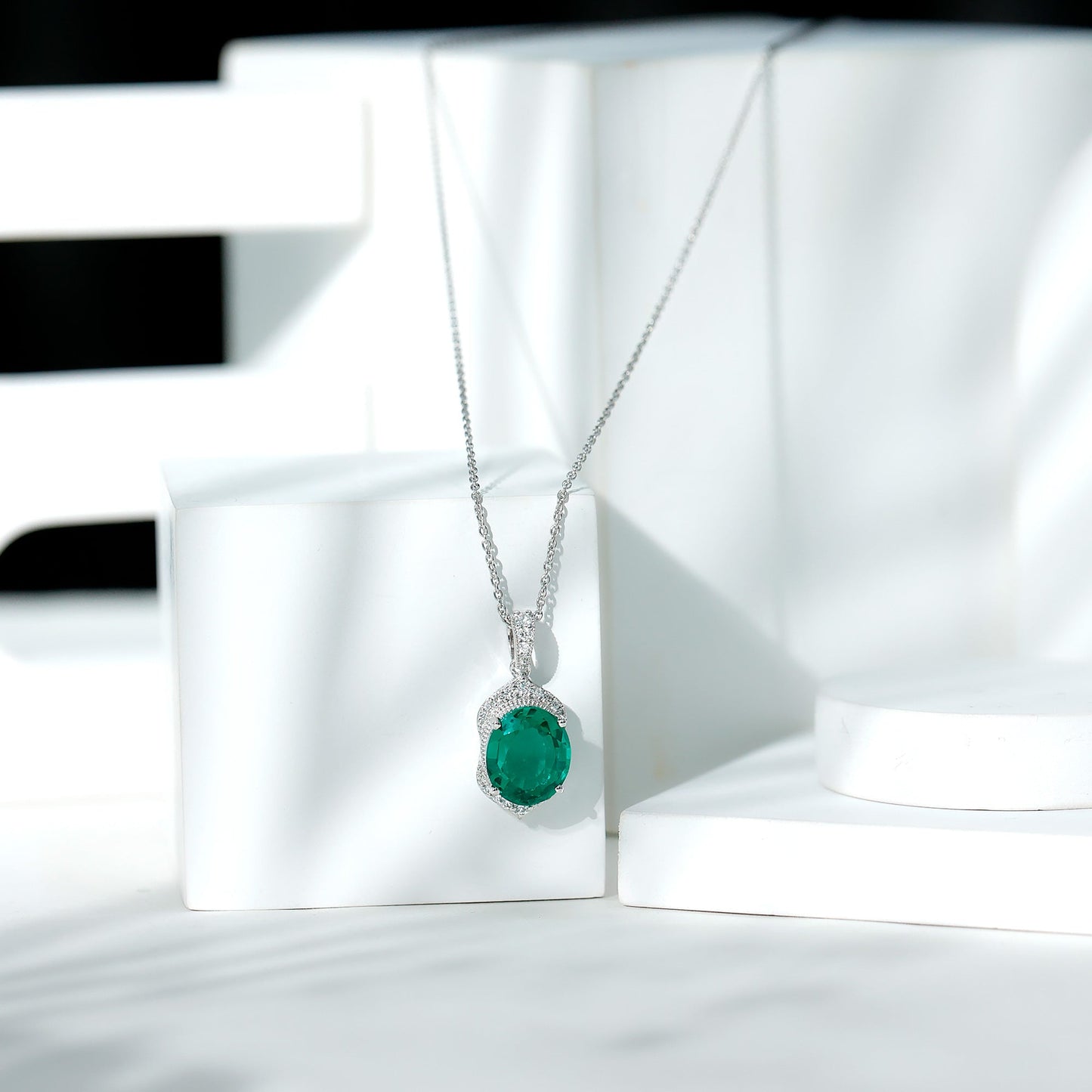 Lab Grown Emerald Vintage Inspired Pendant Necklace with Diamond