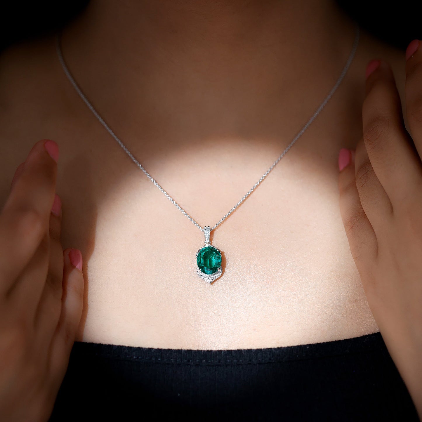 Lab Grown Emerald Vintage Inspired Pendant Necklace with Diamond