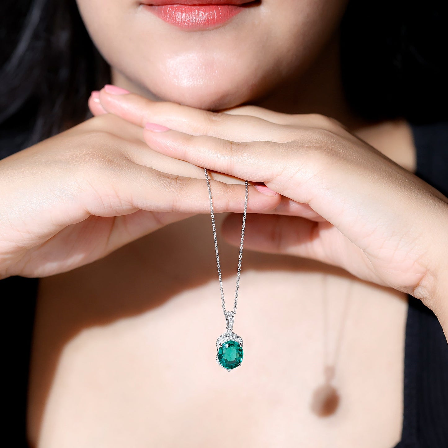 Lab Grown Emerald Vintage Inspired Pendant Necklace with Diamond