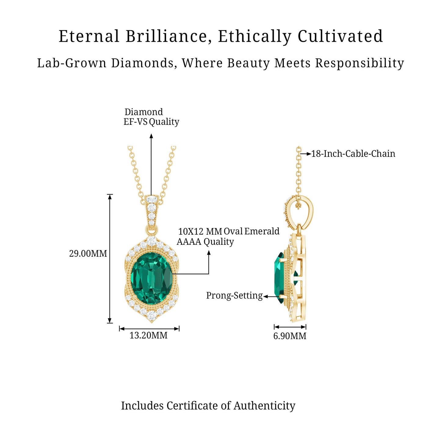 Lab Grown Emerald Vintage Inspired Pendant Necklace with Diamond