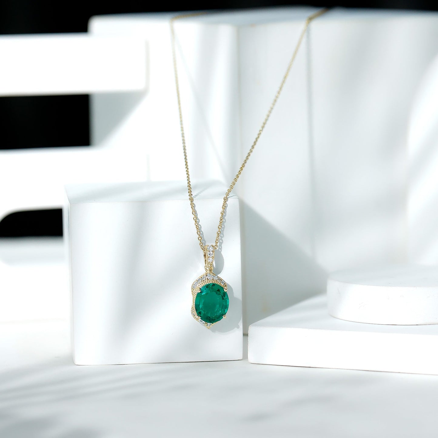 Lab Grown Emerald Vintage Inspired Pendant Necklace with Diamond