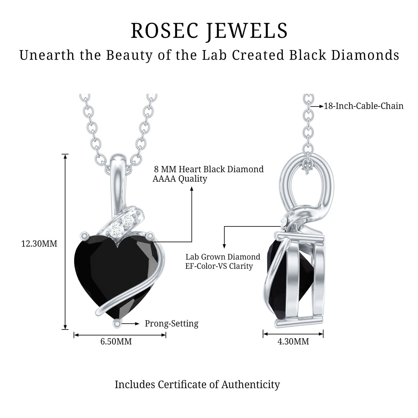 Certified 8 MM Lab Grown Black Diamond Heart Necklace