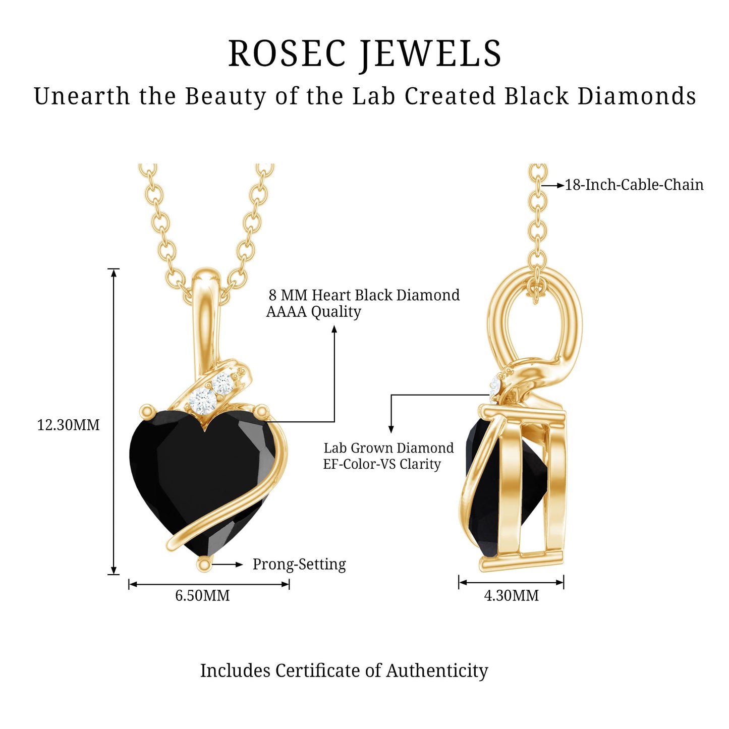Certified 8 MM Lab Grown Black Diamond Heart Necklace