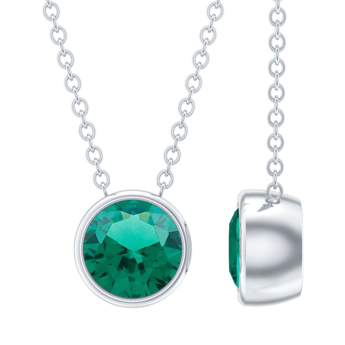 Bezel Set Lab Grown Emerald Solitaire Necklace With Silver Chain