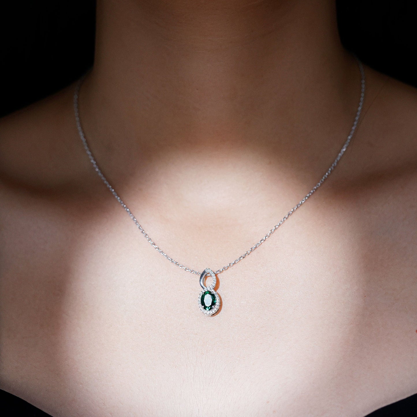 1.2 Carat Oval Lab Grown Emerald Infinity Necklace with Silver Chain