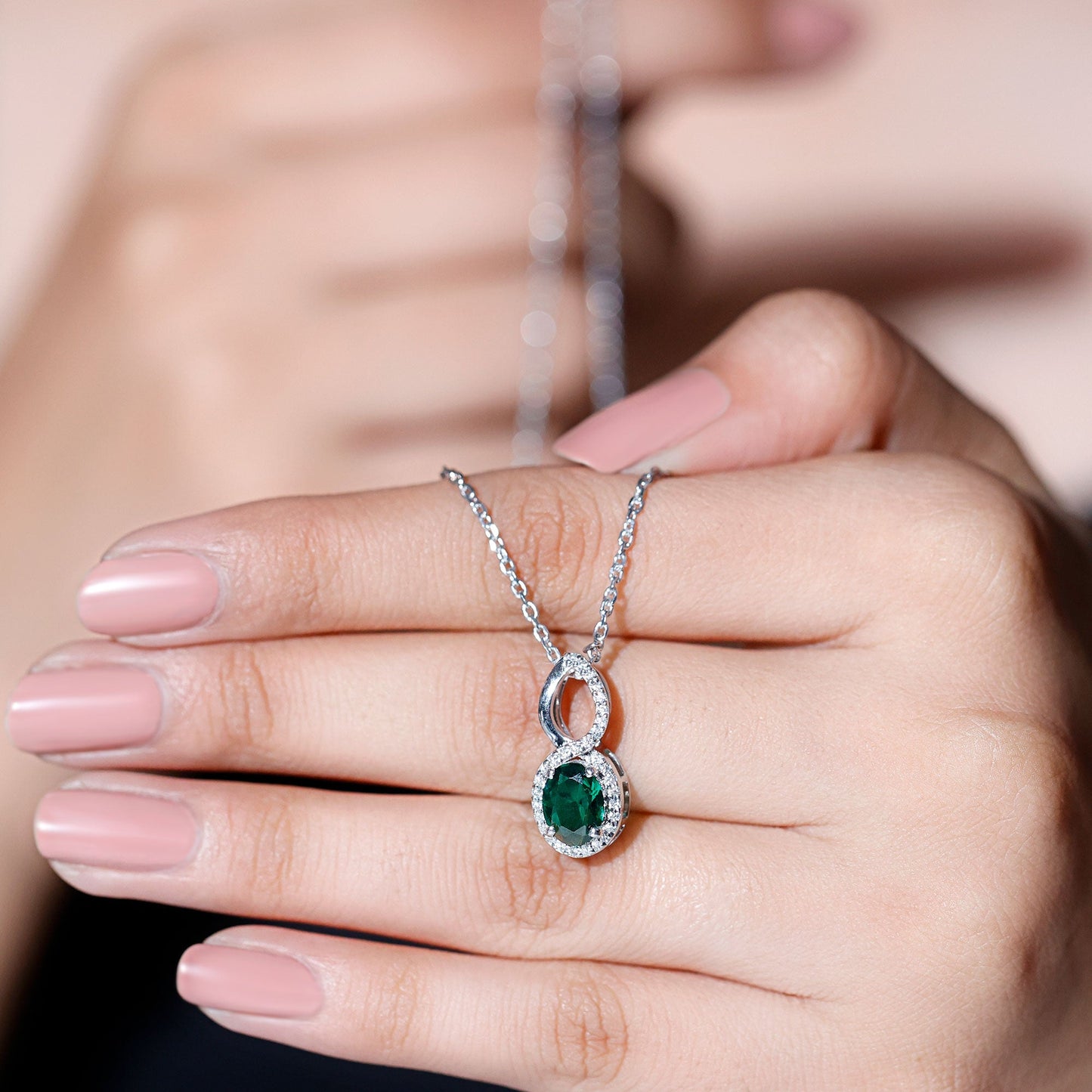 1.2 Carat Oval Lab Grown Emerald Infinity Necklace with Silver Chain