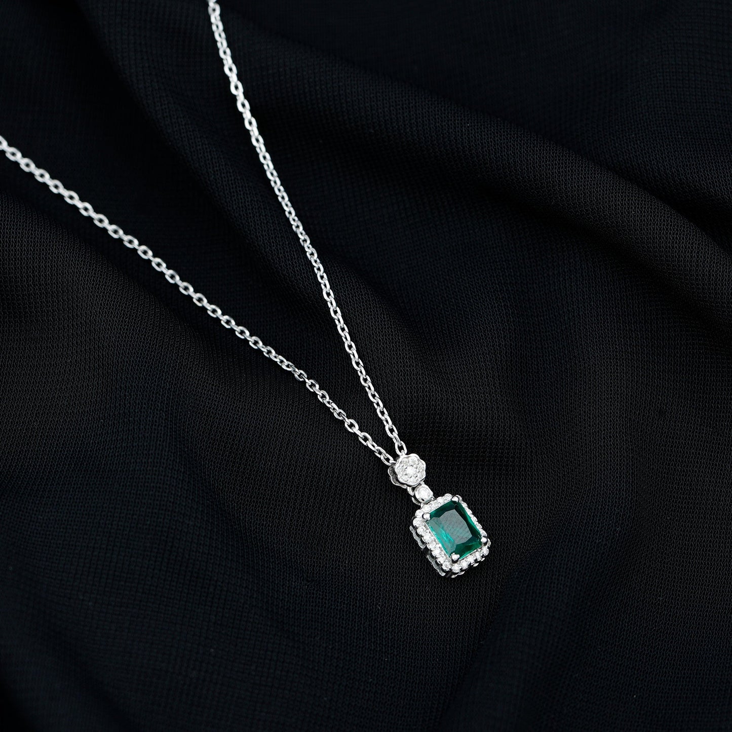 Vintage Style 1.6 Carat Lab Grown Emerald Necklace with Silver Chain