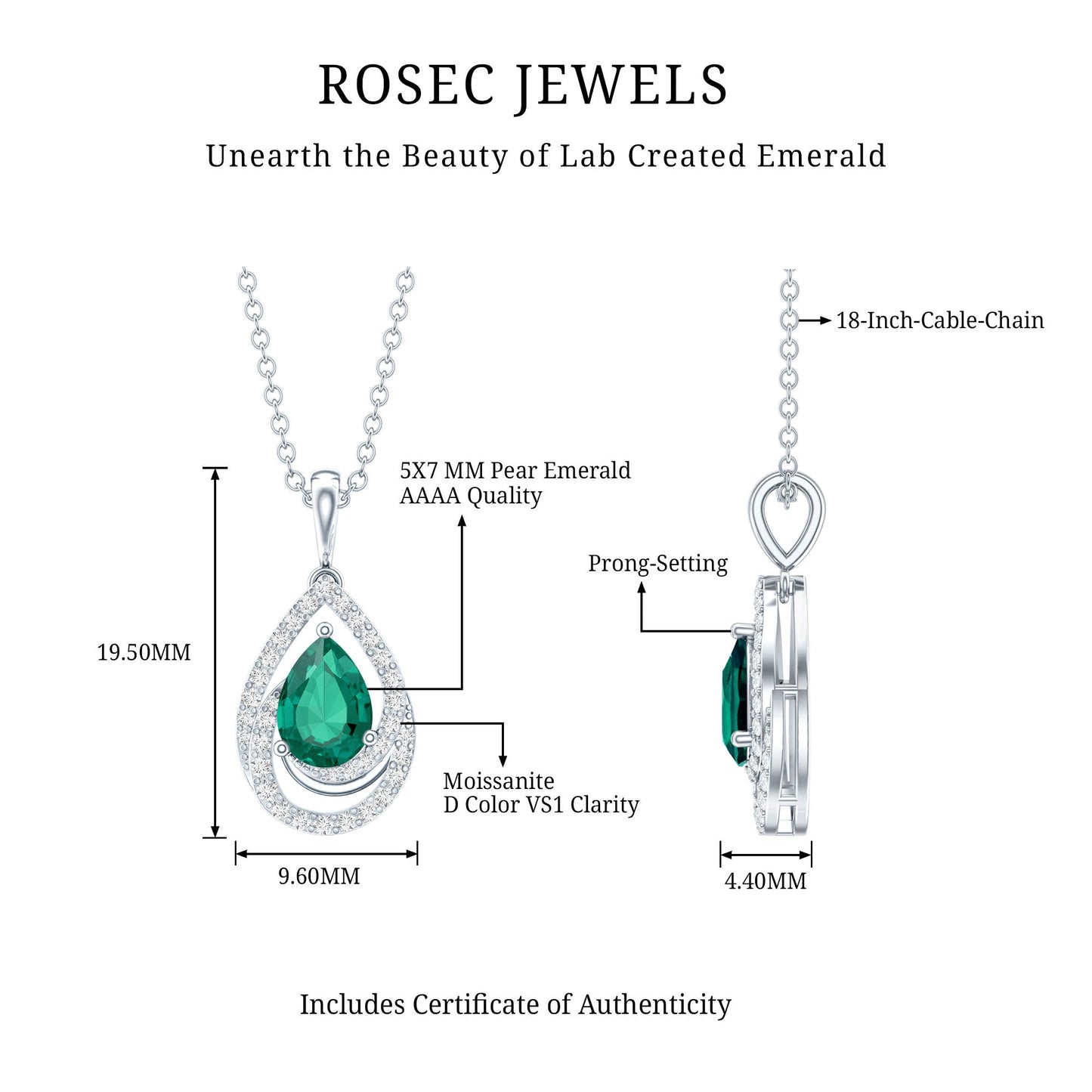 Sterling Silver 0.7 Carat Lab Grown Emerald Teardrop Pendant Necklace with Moissanite