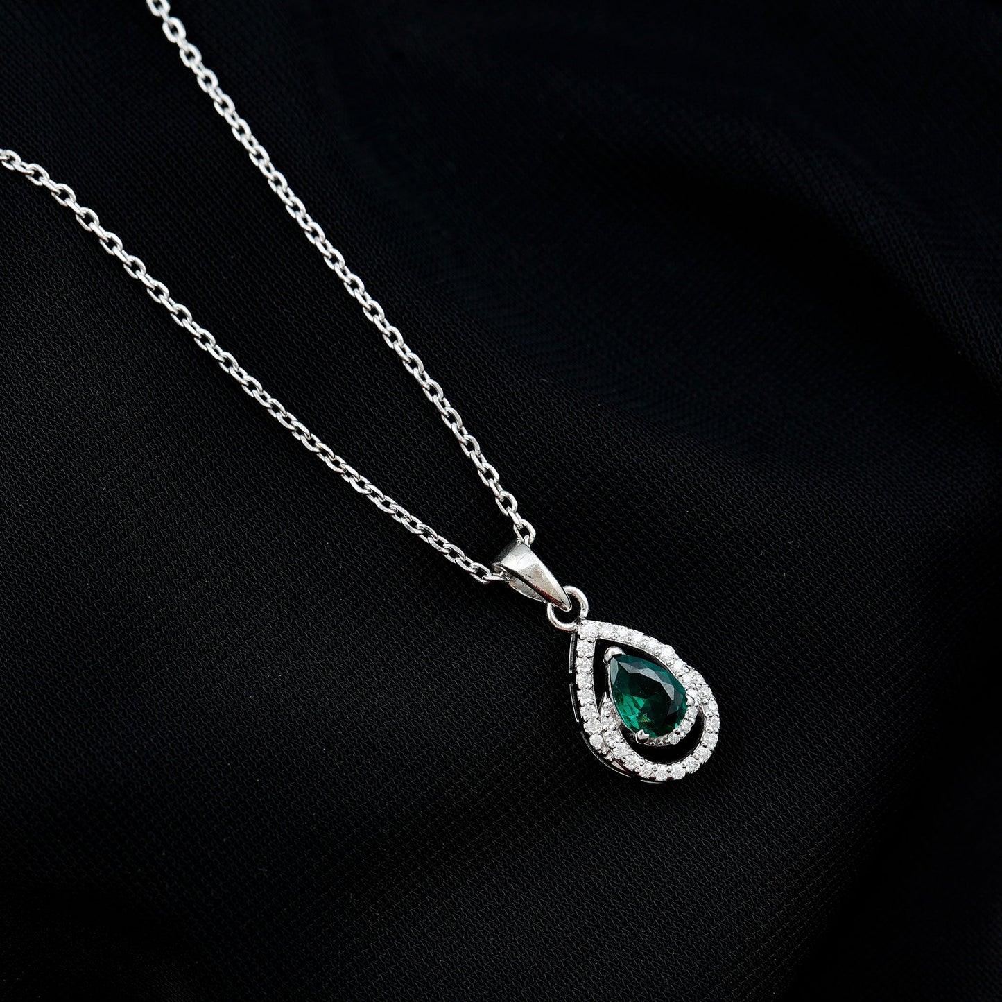 Sterling Silver 0.7 Carat Lab Grown Emerald Teardrop Pendant Necklace with Moissanite