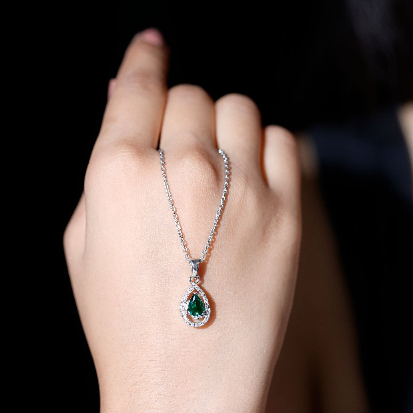 Sterling Silver 0.7 Carat Lab Grown Emerald Teardrop Pendant Necklace with Moissanite