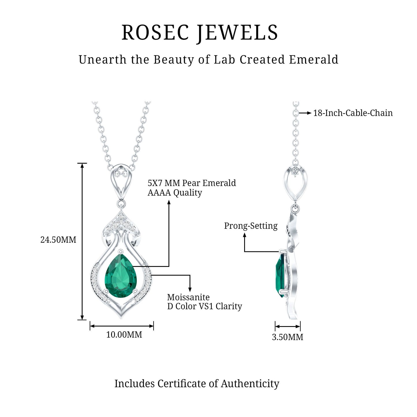 Vintage Inspired 0.7 Carat Lab Grown Emerald Pendant Necklace with Silver Chain