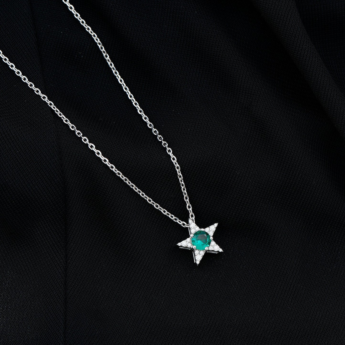Sterling Silver 0.8 Carat Lab Grown Emerald Star Necklace with Silver Chain