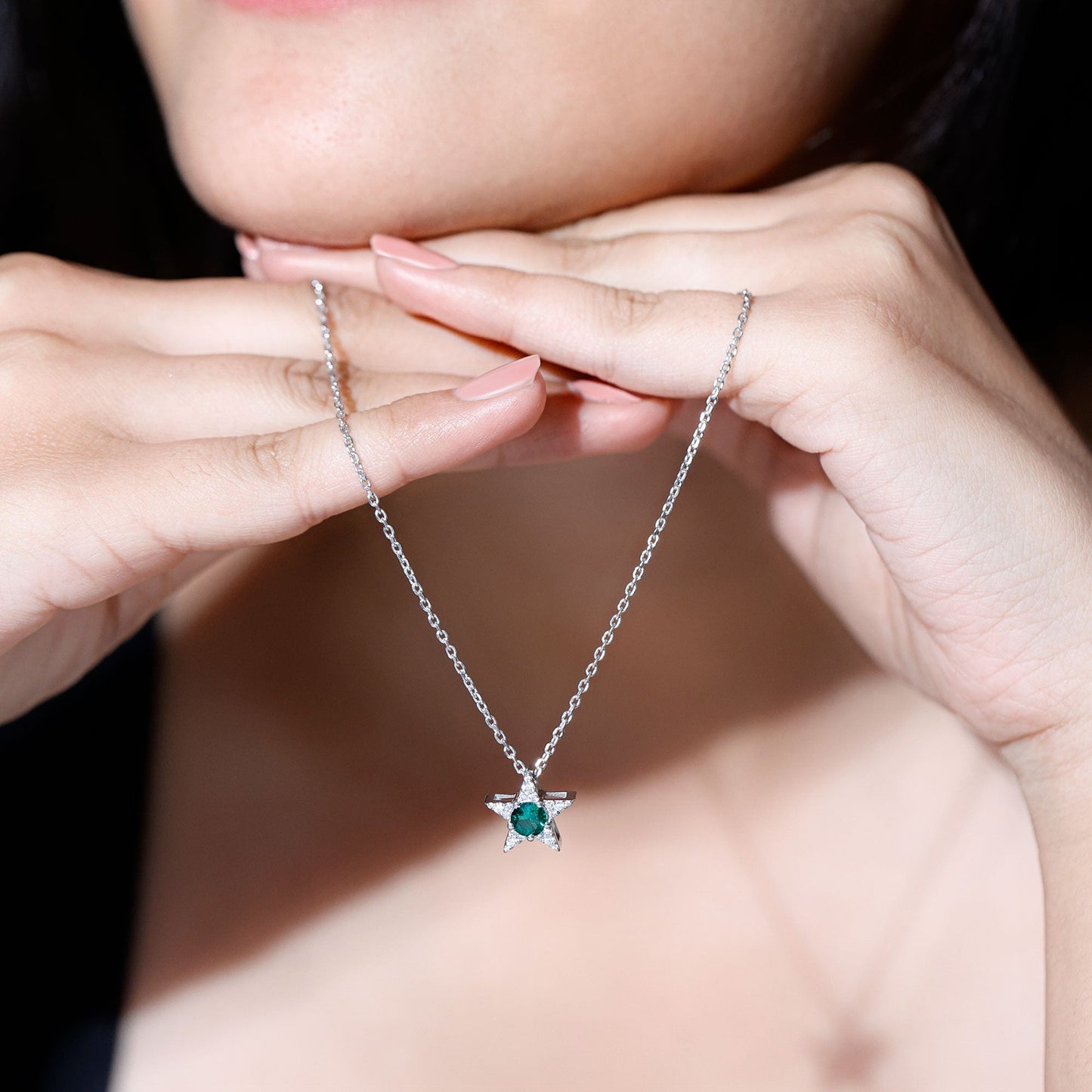Sterling Silver 0.8 Carat Lab Grown Emerald Star Necklace with Silver Chain